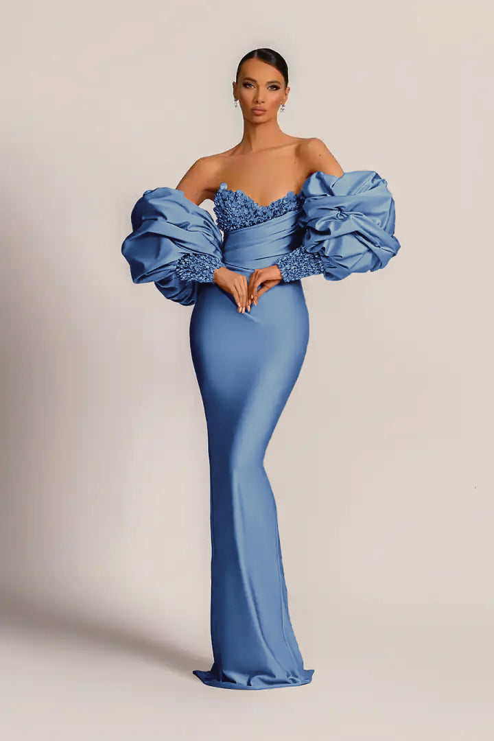 Purple Mermaid Prom Dress Puff Long Sleeve Sweetheart Beaded Evening Dress