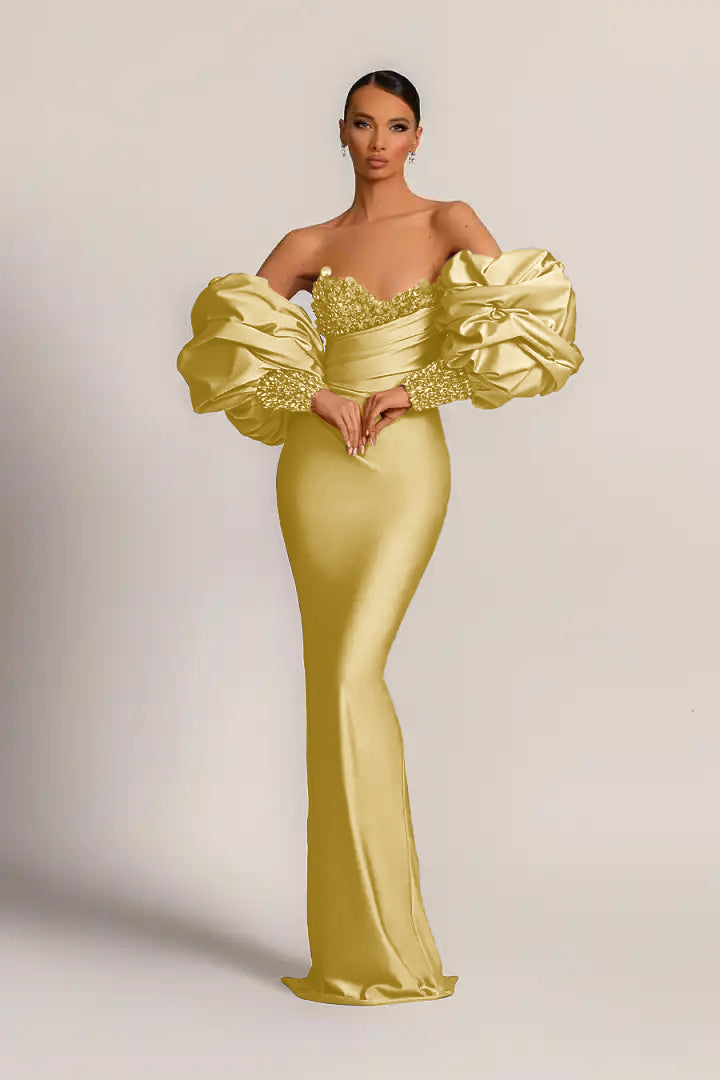 Purple Mermaid Prom Dress Puff Long Sleeve Sweetheart Beaded Evening Dress