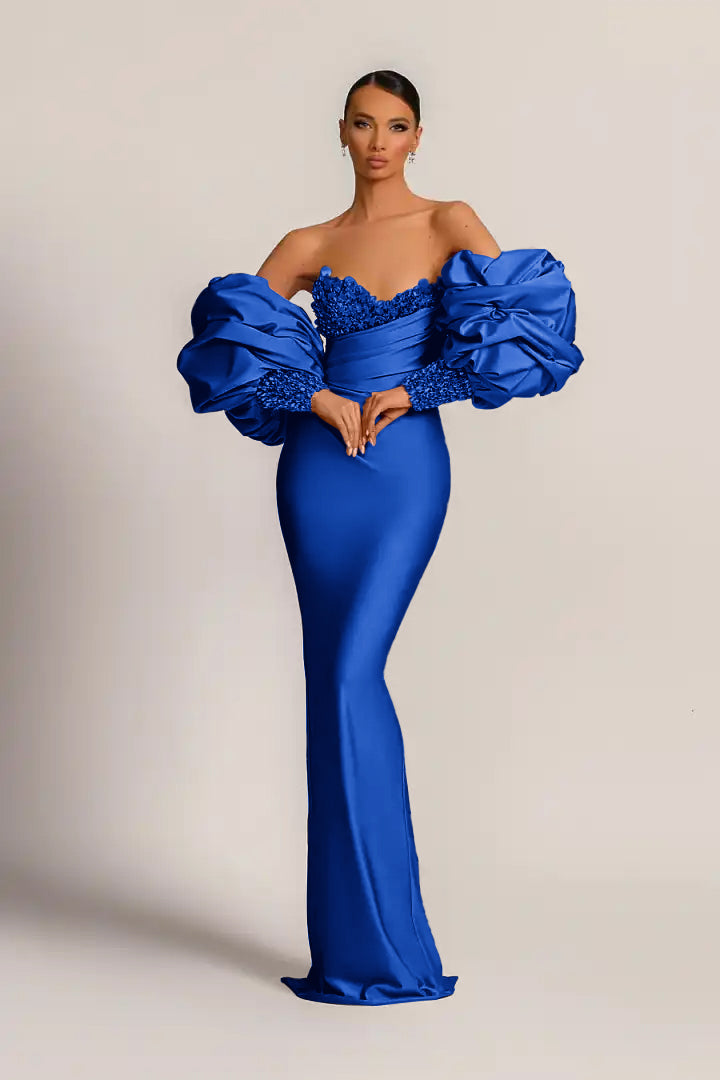 Purple Mermaid Prom Dress Puff Long Sleeve Sweetheart Beaded Evening Dress