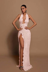 Purple Mermaid Prom Dress Sleeveless Halter Neck Evening Dress With Lace Appliques