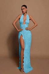 Purple Mermaid Prom Dress Sleeveless Halter Neck Evening Dress With Lace Appliques