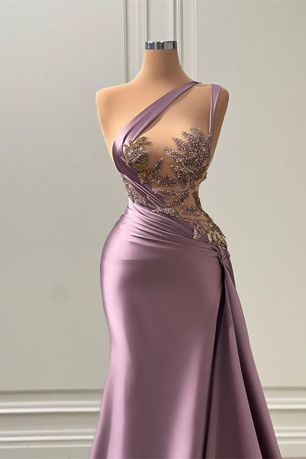 Purple Mermaid Prom Dress Sleeveless One Shoulder Beaded Evening Dress
