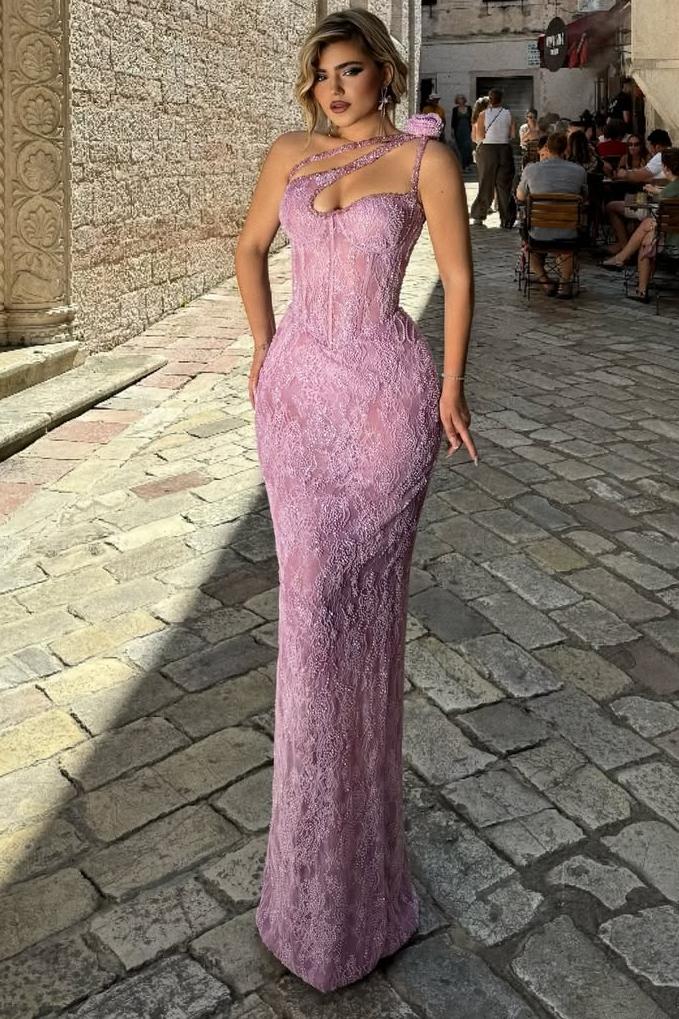 Purple Mermaid Prom Dress Sleeveless One Shoulder Evening Dress With Lace Appliques