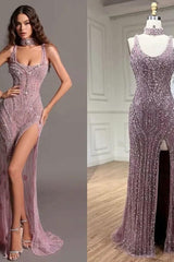 Purple Mermaid Prom Dress Sleeveless Scoop Neck Beaded Evening Dress