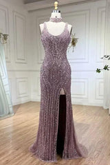 Purple Mermaid Prom Dress Sleeveless Scoop Neck Beaded Evening Dress
