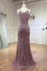 Purple Mermaid Prom Dress Sleeveless Scoop Neck Beaded Evening Dress