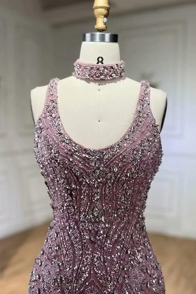 Purple Mermaid Prom Dress Sleeveless Scoop Neck Beaded Evening Dress