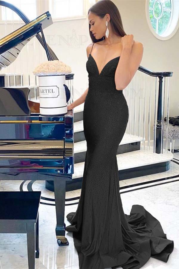 Purple Mermaid Prom Dress Sleeveless Spaghetti Straps Beaded Evening Dress