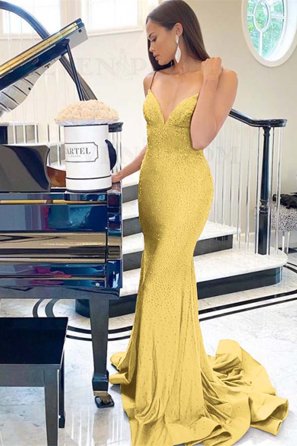 Purple Mermaid Prom Dress Sleeveless Spaghetti Straps Beaded Evening Dress