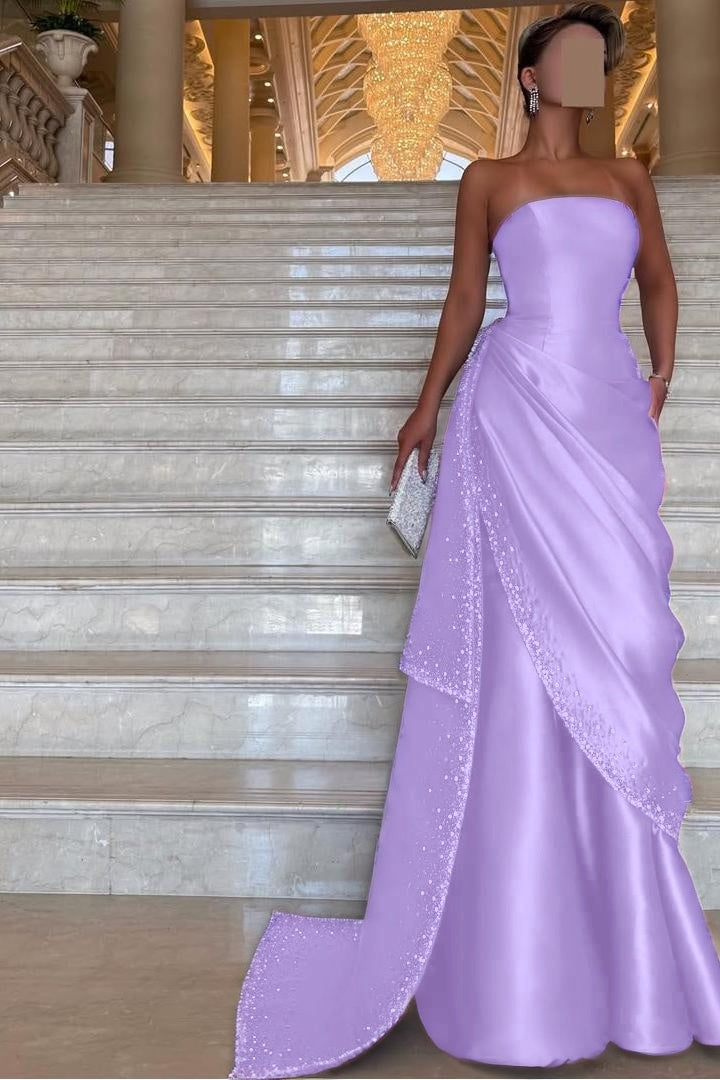 Purple Mermaid Prom Dress Sleeveless Strapless Beaded Evening Dress