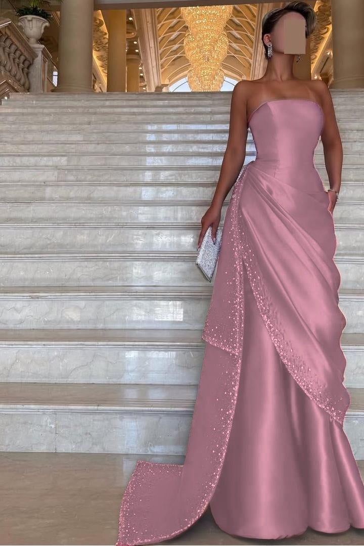 Purple Mermaid Prom Dress Sleeveless Strapless Beaded Evening Dress