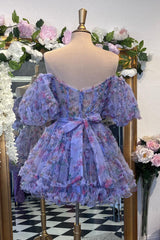 Purple Off-the-Shoulder A-Line Printed Short Graduation Dress