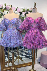 Purple Off-the-Shoulder A-Line Printed Short Graduation Dress