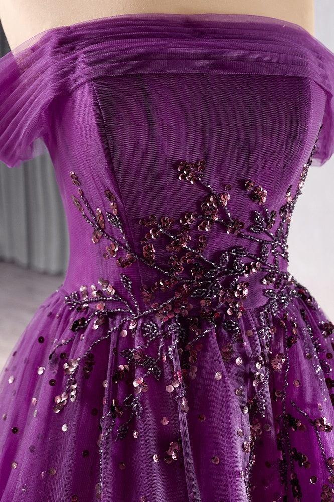 Purple Off the Shoulder Prom Dress A Line Beaded Sequin Evening Dress