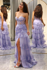 Purple Prom Dress A Line Long Corset Tiered Evening Dress With Slit