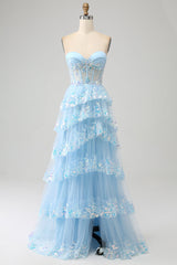 Purple Prom Dress A Line Long Corset Tiered Evening Dress With Slit