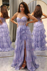 Purple Prom Dress A Line Long Corset Tiered Evening Dress With Slit