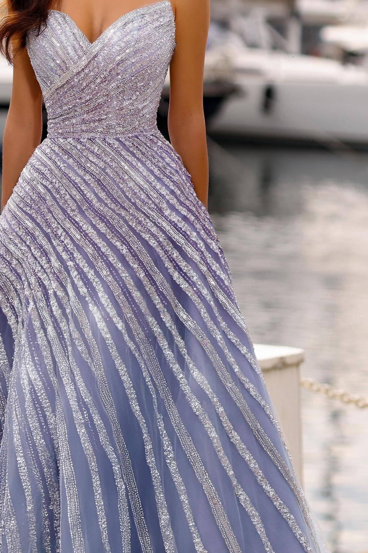 Purple Prom Dress A Line Sweetheart Strapless Sleeveless Sequined Floor Length Tulle Formal Dress