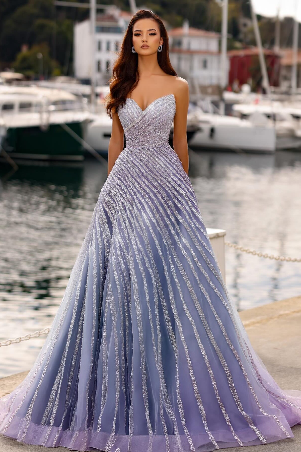 Purple Prom Dress A Line Sweetheart Strapless Sleeveless Sequined Floor Length Tulle Formal Dress