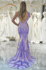 Purple Prom Dress Mermaid Backless Long Evening Dress With Sequined