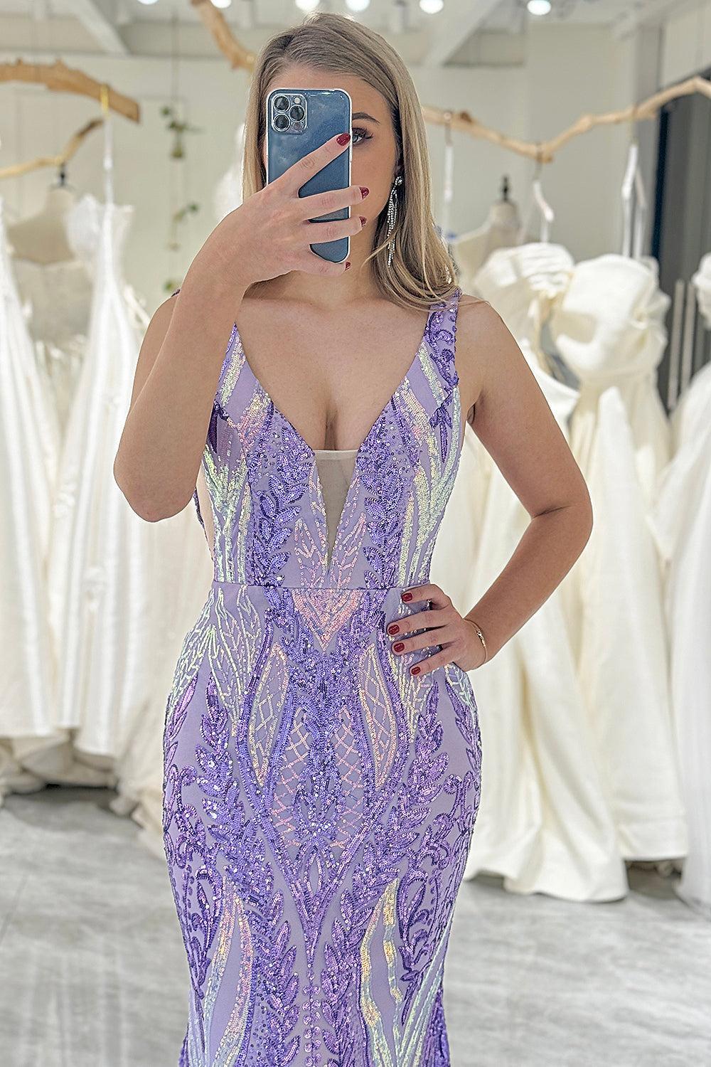 Purple Prom Dress Mermaid Backless Long Evening Dress With Sequined