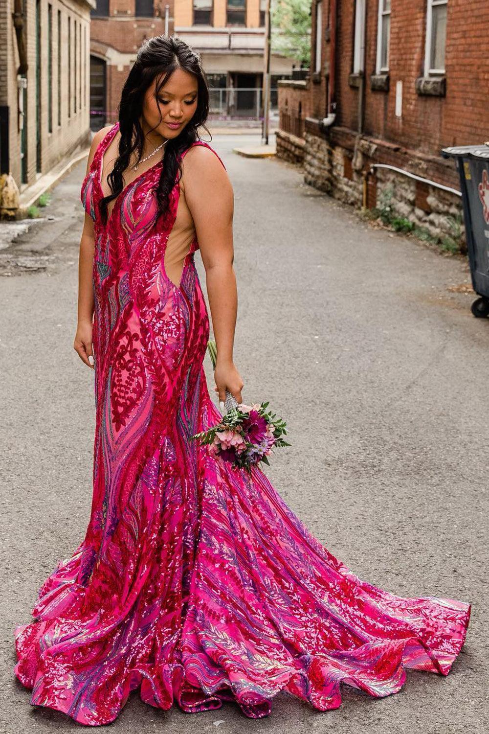 Purple Prom Dress Mermaid Backless Long Evening Dress With Sequined