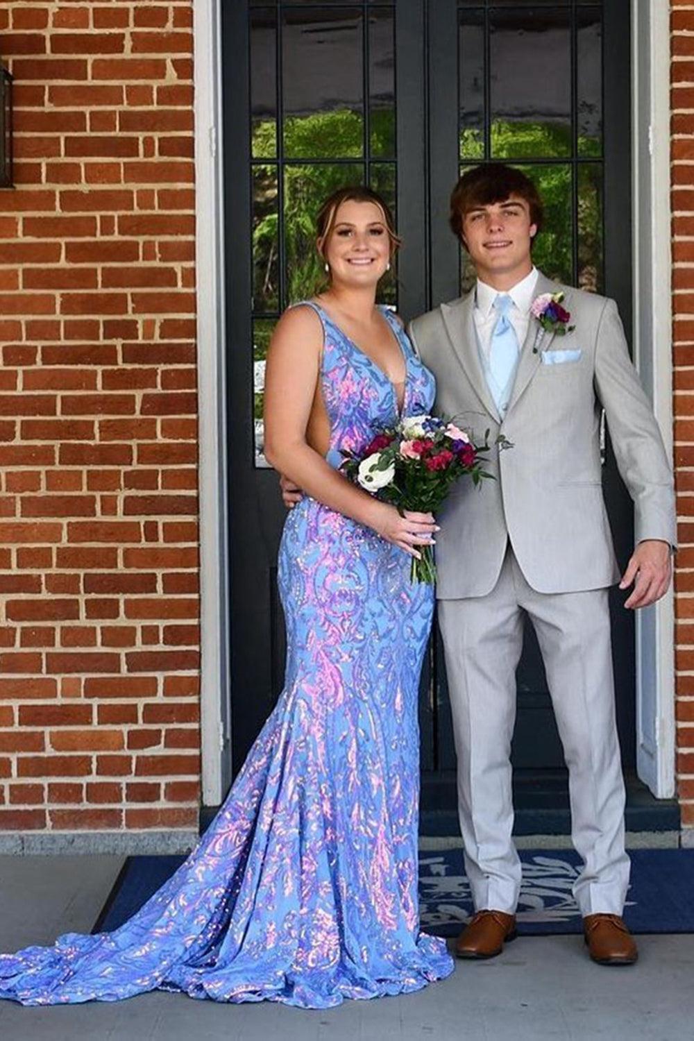 Purple Prom Dress Mermaid Backless Long Evening Dress With Sequined