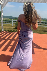 Purple Prom Dress Mermaid Off the Shoulder Velvet Corset Evening Dress with Slit