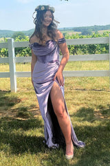Purple Prom Dress Mermaid Off the Shoulder Velvet Corset Evening Dress with Slit