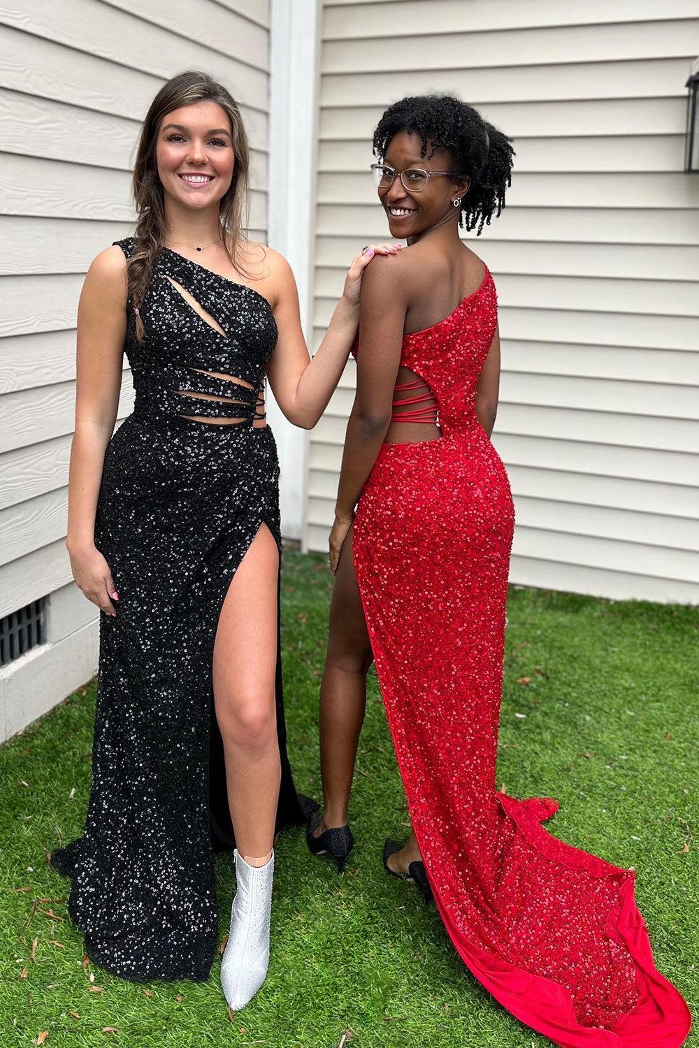 Purple Prom Dress Sequined Cut Out Long Evening Dress