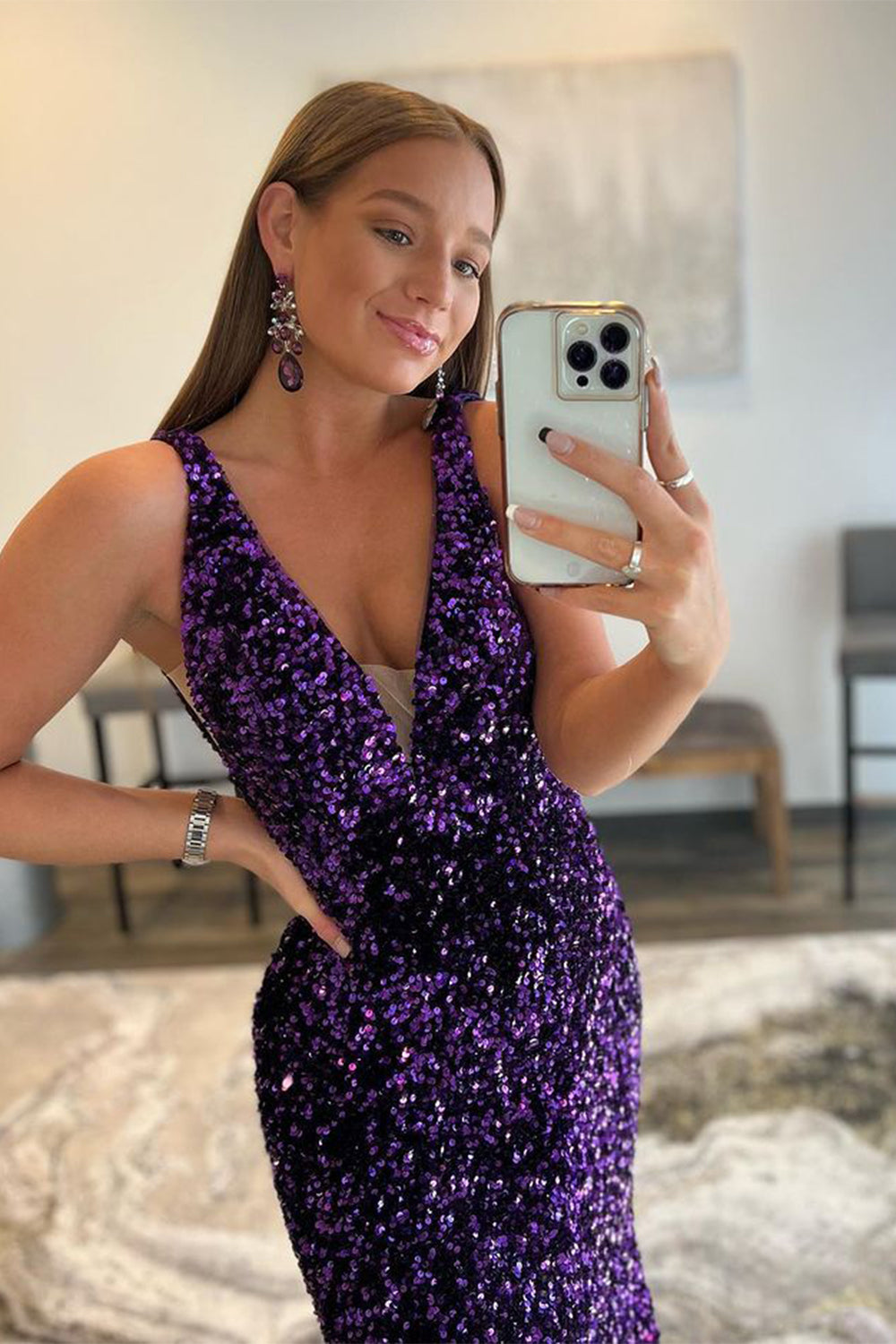 Purple Prom Dress Sequined Evening Dress