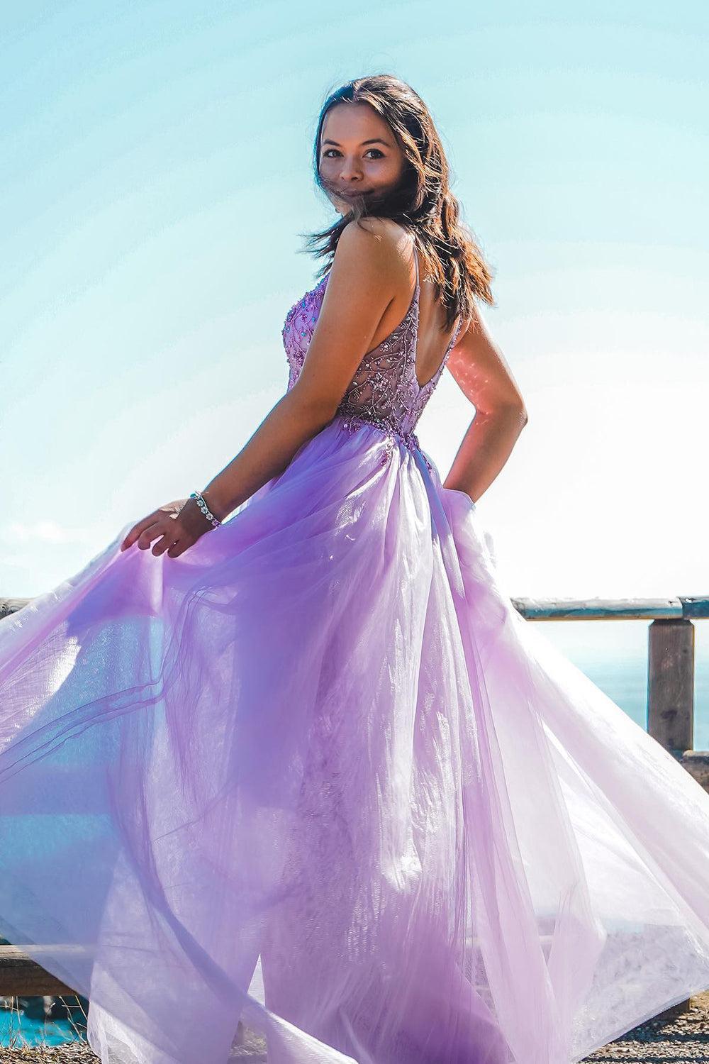 Purple Prom Dress Spaghetti Straps Beaded Long Evening Dress with Slit