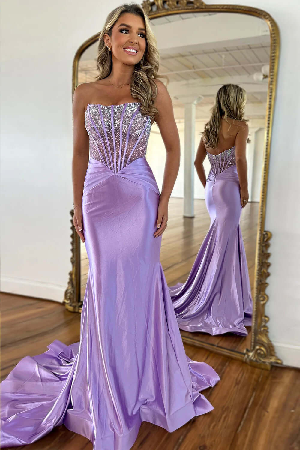 Purple Prom Dress Strapless Mermaid Corset Long Evening Dress