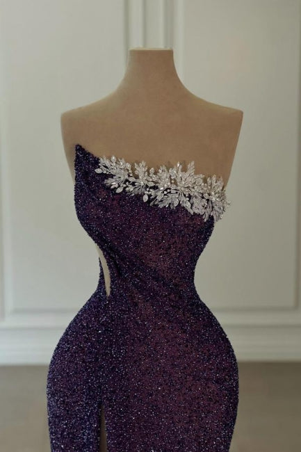 Purple Prom Dress Strapless Sequined Beading Formal Dress With Slit