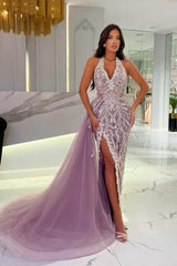 Purple Prom Dress V Neck Halter Sleeveless Panel Train Slit Tulle Formal Dress With Appliques