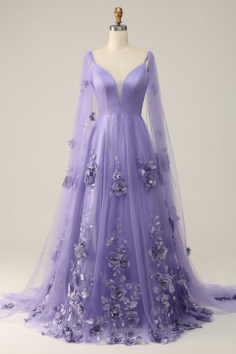 Purple Prom Dress Watteau Train Evening Dress With 3D Flowers