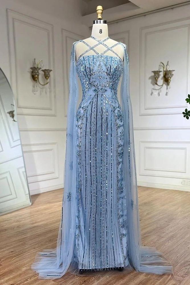 Purple Sheath/Column Prom Dress Halter Neck Beaded Evening Dress