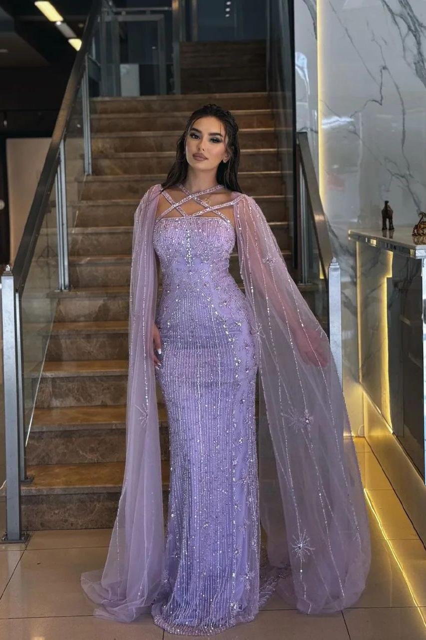 Purple Sheath/Column Prom Dress Halter Neck Beaded Evening Dress