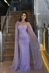Purple Sheath/Column Prom Dress Halter Neck Beaded Evening Dress