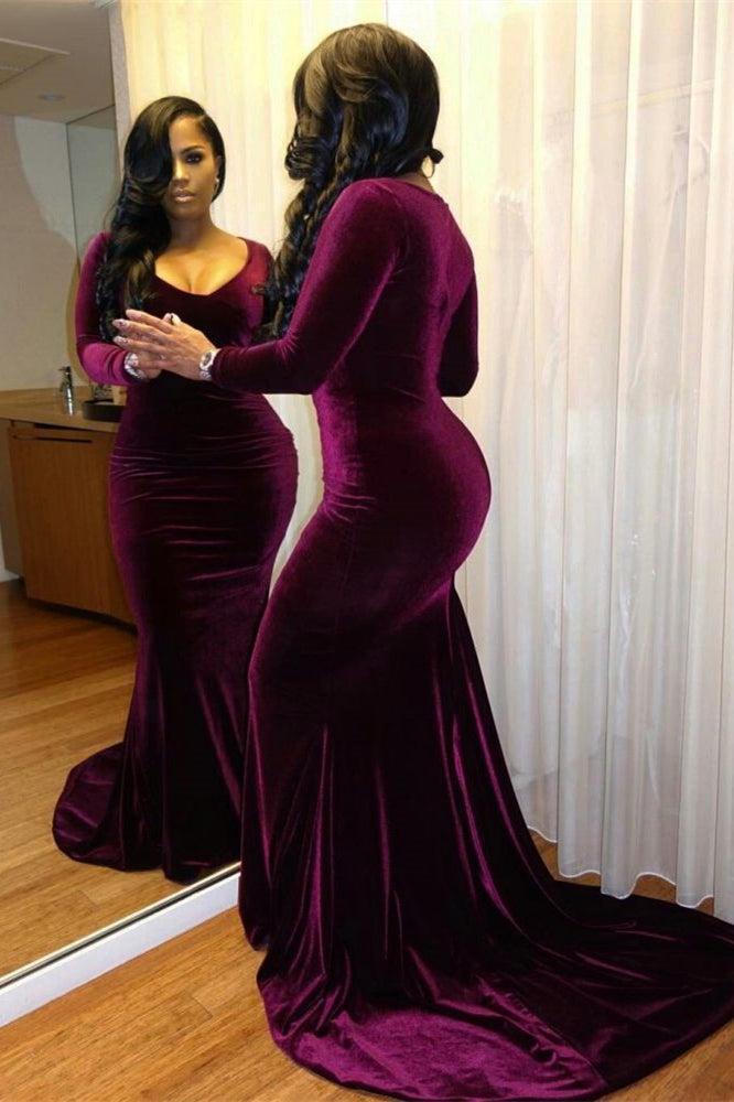 Purple Velvet Evening Dress Long Sleeves Mermaid Christmas Party Dress