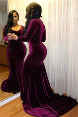 Purple Velvet Evening Dress Long Sleeves Mermaid Christmas Party Dress