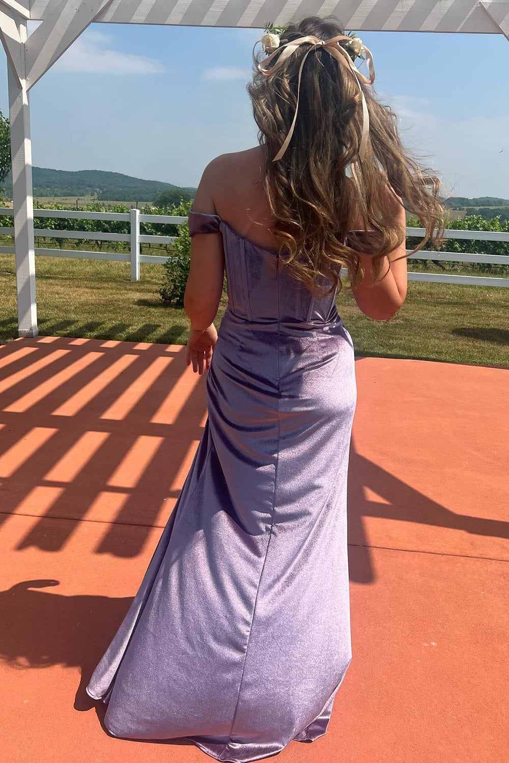 Purple Velvet Evening Dress Mermaid Off the Shoulder Corset Christmas Party Dress with Slit