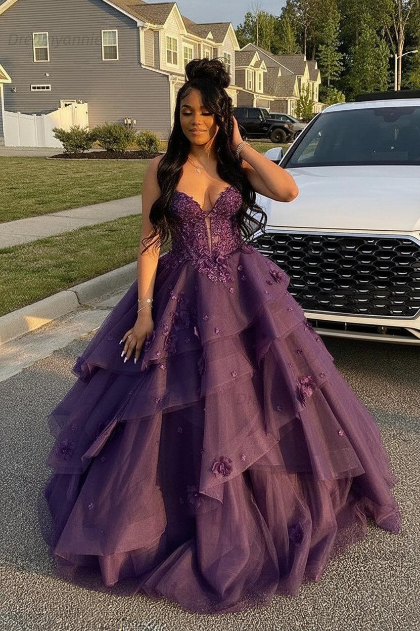 Dreamyannie Sage Prom Dress Floral Tiered Ruffles A-Line Sweetheart Corset Long Formal Dress