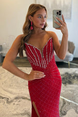Red Beaded Mermaid Prom Dress With Plunging V-Neck And High Slit Formal Evening Gown