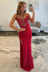 Red Beaded Mermaid Prom Dress With Plunging V-Neck And High Slit Formal Evening Gown