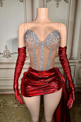 Red Graduation Dress Sweetheart Neck Mini Cocktail Dress with Panel Train