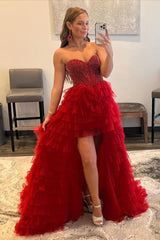 Red Homecoming Dress Beaded A Line Tiered High Low Cocktail Dress