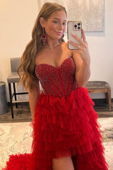 Red Homecoming Dress Beaded A Line Tiered High Low Cocktail Dress