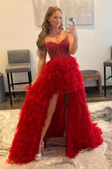 Red Homecoming Dress Beaded A Line Tiered High Low Cocktail Dress