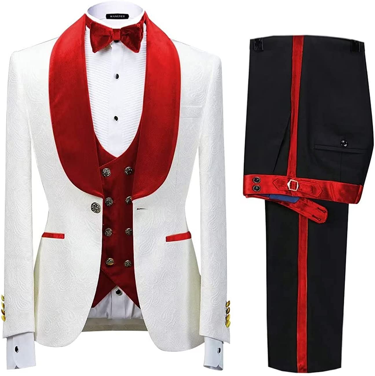 Red Jacquard Three Piece Shawl Lapel Wedding Suit